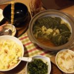 今日の夕飯～ロール白菜・ポテトサラダ・筍ご飯・蕪菜の炒め物・揚げパスタ