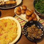 今日の夕飯～塩サバ・スパニッシュオムレツ・アメリカンドック・レンコン甘辛煮・水菜サラダ