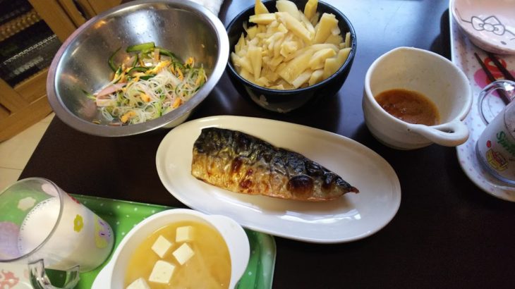 今日の夕飯～塩サバ、春雨サラダ、自家製メンマ、納豆卵、みそ汁