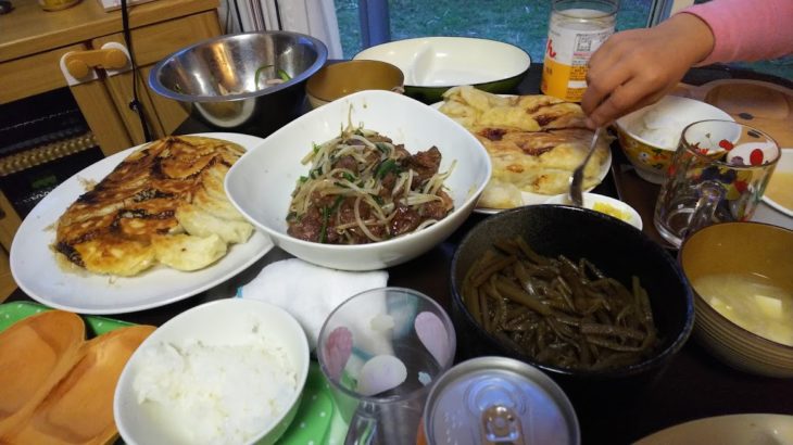 今日の夕飯～手作り餃子・レバニラ炒め・蕗の佃煮・みそ汁